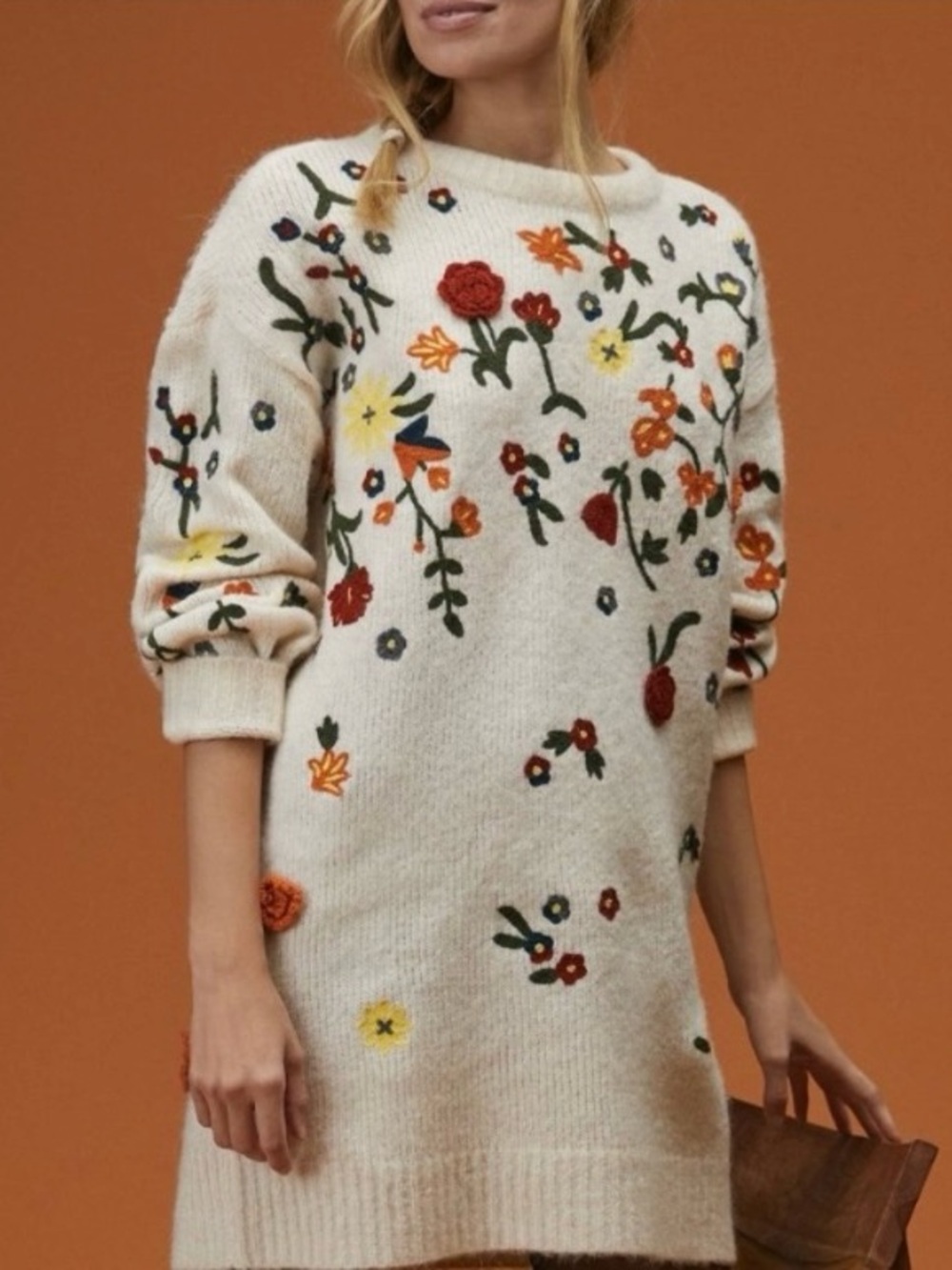 Anthropologie Cream Floral Appliqué Embroidered Sweater Tunic Dress